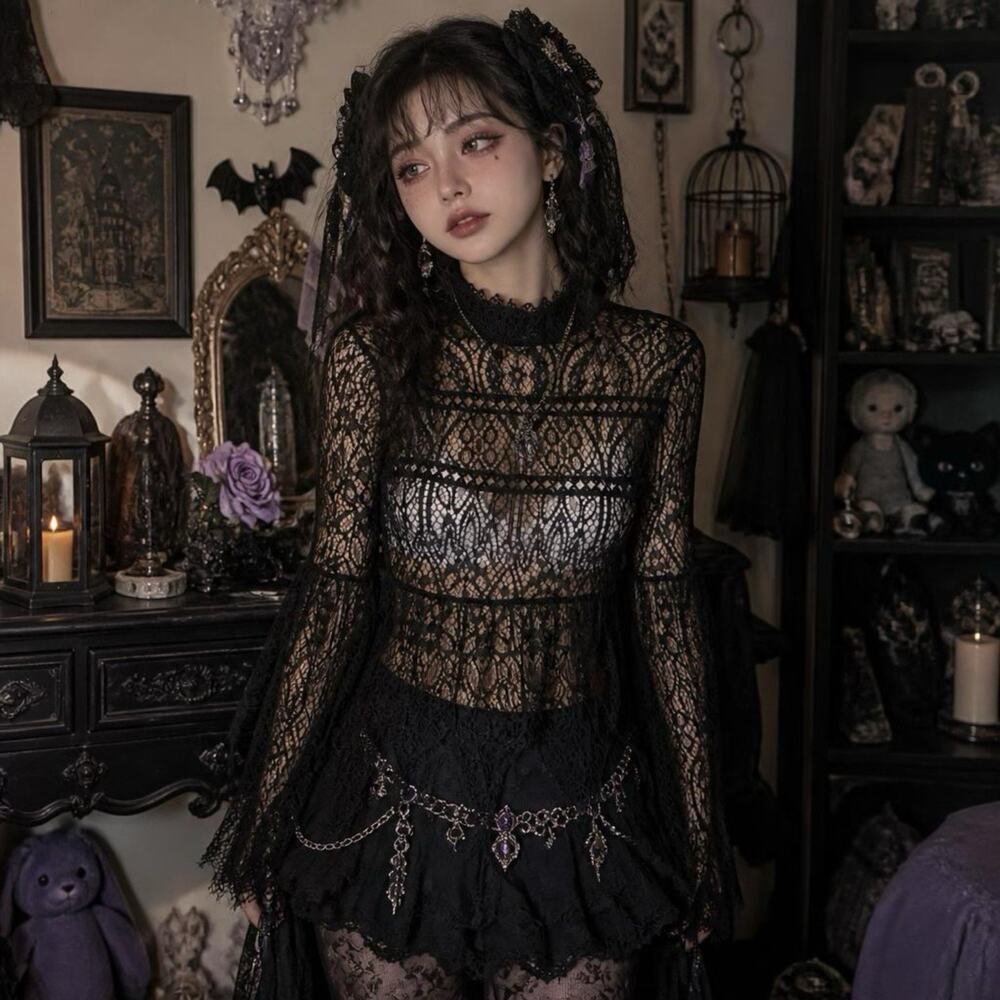 Y2K Eyelashes Lace Bell Sleeves HighNeck Black Whimsigoth Women Jrs M Dark Roman